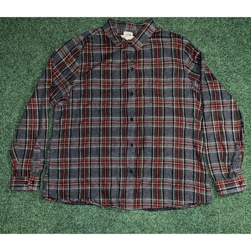 LL Bean Relax Fit Plaid Flannel Shirt Men's Large Gray‎ Red Button Up H8